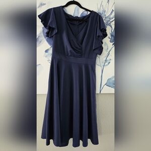Elegant Navy Blue Midi Dress with flowy sleeves